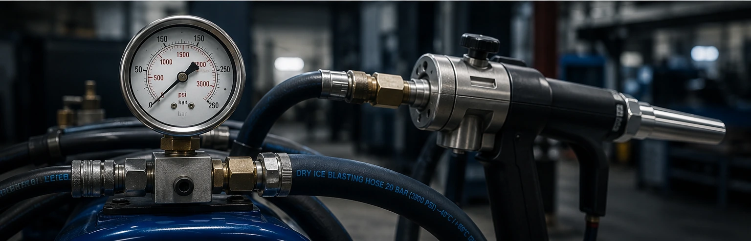 Professional-grade dry ice blasting equipment — pressure gauge and hoses